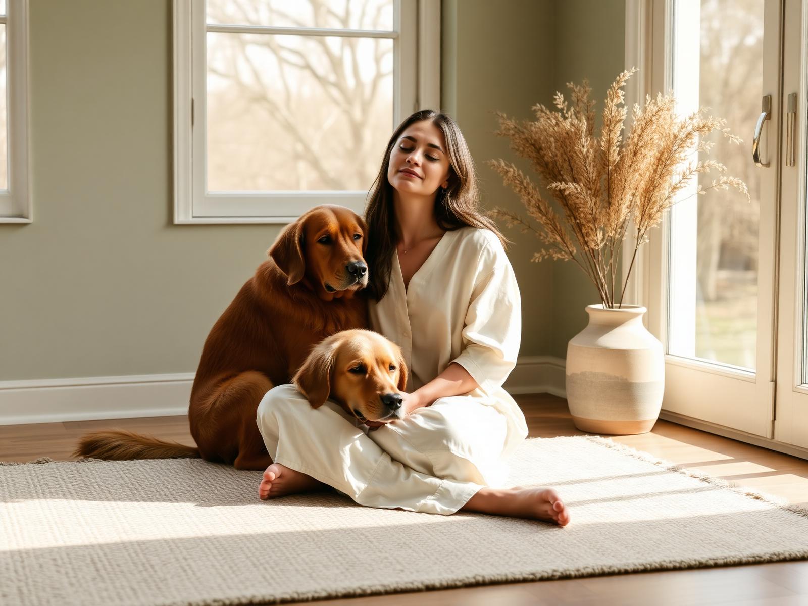 Une femme et son chien apaisés, moment de respiration partagée